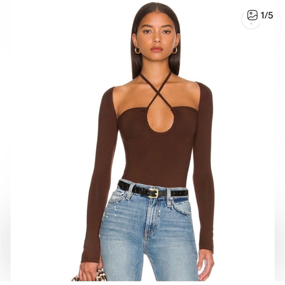Superdown Brown Cutout Halter Long Sleeve Bodysuit Small Chocolate Ruched Bust